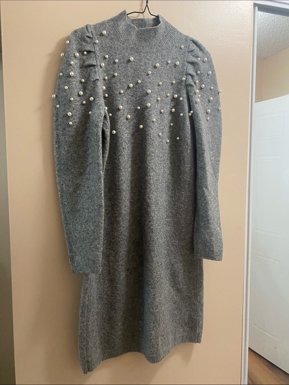 Pearl-Embellished Gray Knit Dress